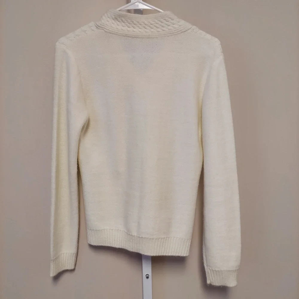 Cream Cable Knit V Neck Sweater Long Sleeve Pullover Women's Nautical‎ Old Money